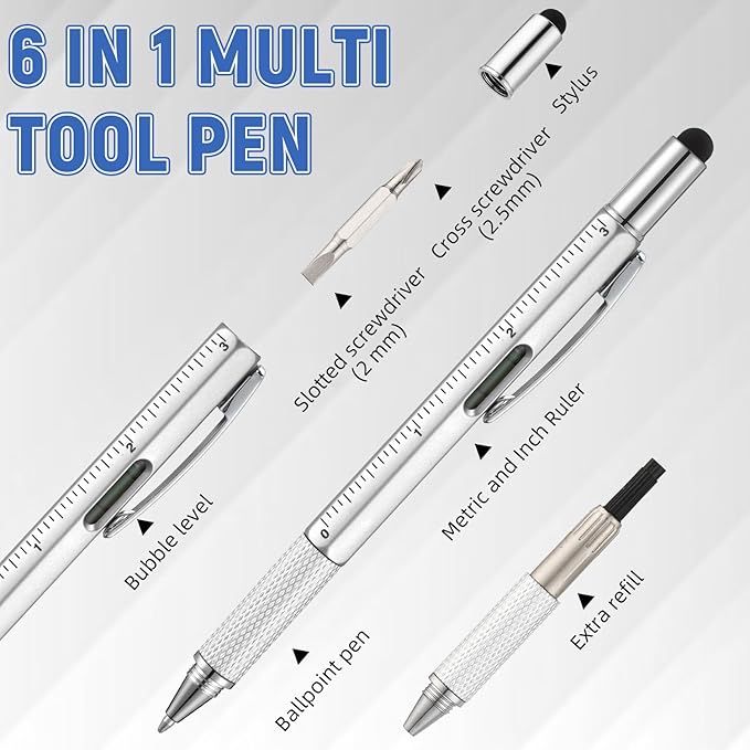 Yeaqee 24 Pcs Stocking Stuffers Bulk for Men 6 in 1 Screwdriver Multi Tool Pens with Refills Ruler Level Gauge for Party Favor Father's Christmas White Elephant Gifts (Classic Color)