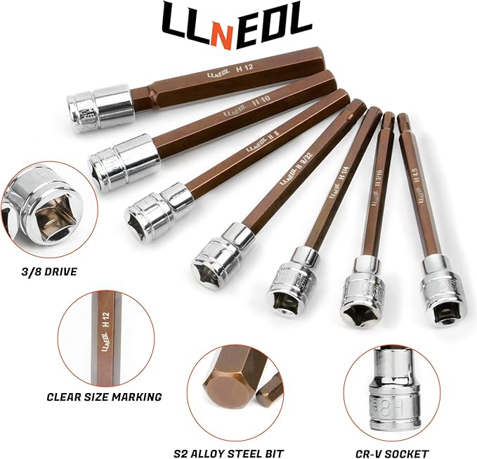 3/8 Inch Drive Long Allen Hex Bit Socket Set, 19-Piece Hex Head Standard SAE & Metric Sockets (1/8"-3/8", 3-12mm), S2 Alloy Steel Durable Tools for Mechanics