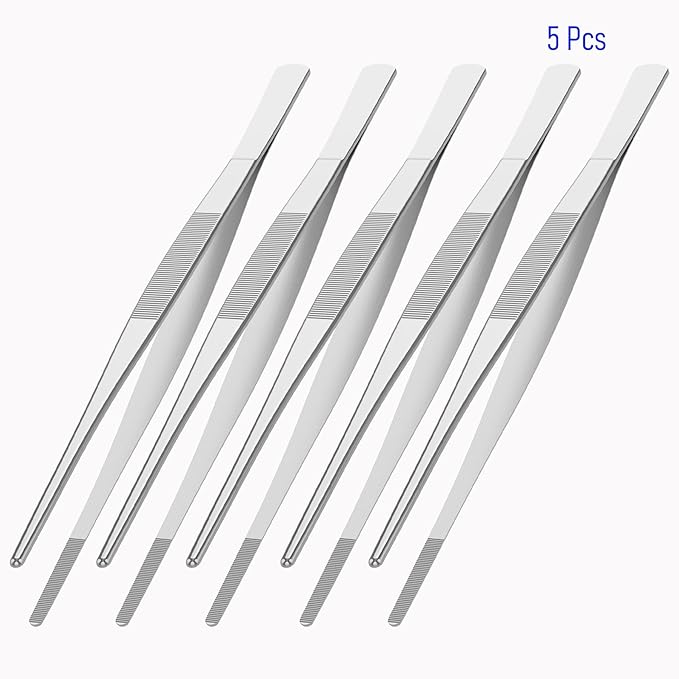 5 PCS 10 Inch Stainless Steel Tweezers, with Straight Round Blunt Serrated Tip, 3/64 Inch Thickness Stainless Steel, Multipurpose Daily Garden Home Lab Craft Repairing Tool