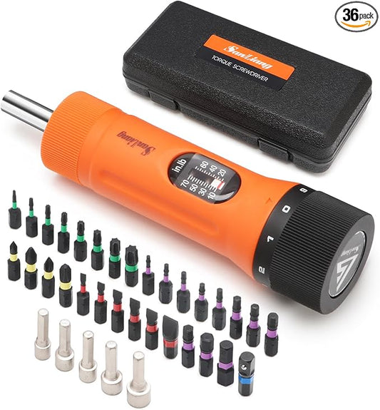 36Pcs Torque Screwdriver Wrench Driver Set 10-70 Inch Pounds lbs with 29 S2 Bits竊? Drive Sockets 竊?/4" Socket Adapter for Maintenance,Tools, Bike Repairing and Mounting.