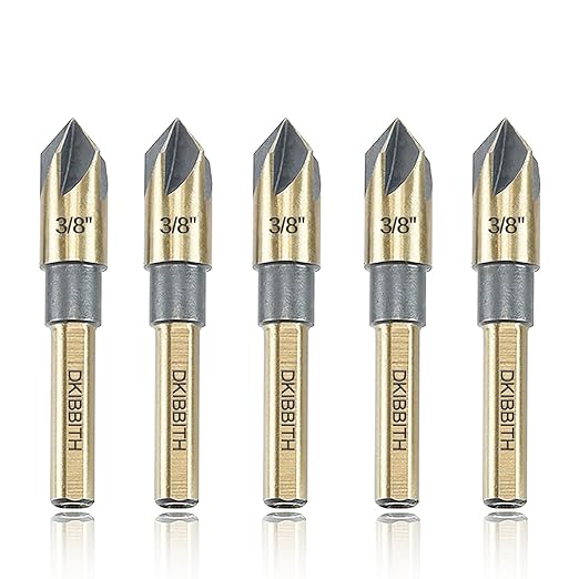 Countersink Drill Bit Set, 5 Pieces High Speed Steel 82 Degree 5 Flute 6mm Round Shank Mill Cutter Bit Countersink in Sizes 3/8" Set with Carrying Case.