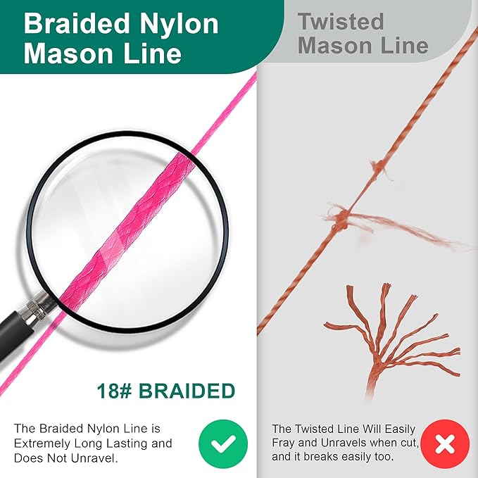 2 Pack Mason String Line Reel for Construction, Twisted 540 FT #18 Braided Nylon String with 10 Mason Line Level, High Visibility Braided Nylon Twine for Masonry Tools, Gardening, DIY(Pink)