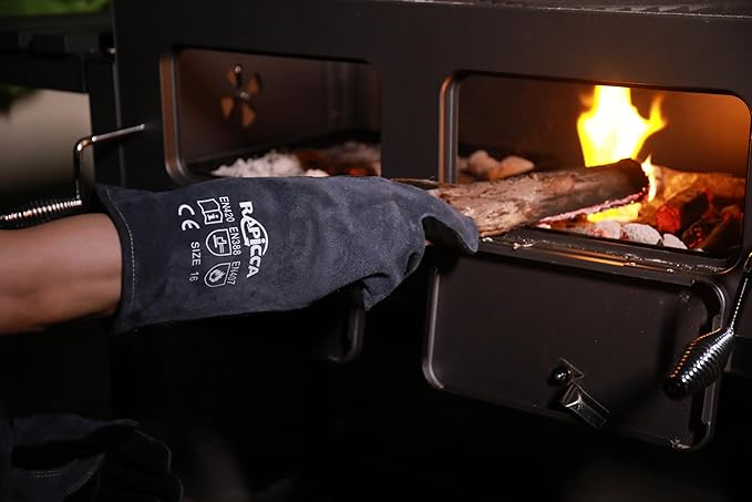 RAPICCA Fireplace Gloves Fire Heat Resistant: Grey 16IN 662?? Fireproof Leather for Fireplace Fire pit Wood stove Campfire Furnace BBQ Grill Oven Stick Mig Welding Welder Gear - Birthday Gift for men