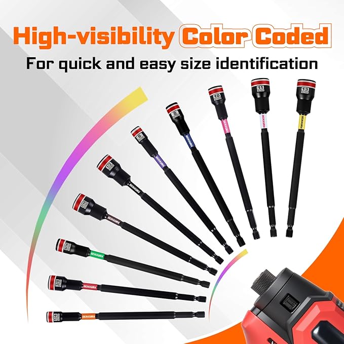 Impact Nut Driver Set, 10 Pieces 6?쒵ong 1/4?? Point Alloy Steel Magnetic SAE Nut Setter Set Use For Require Installing 1/4 Hex Shank Impact Driver with Case Box