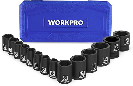 WORKPRO 1/2??Drive Shallow Impact Socket Set, SAE Cr-V Steel 6-Point Socket Set with Storage Case for Automotive Maintenance and Repairs (14PCS 3/8??1-1/4")