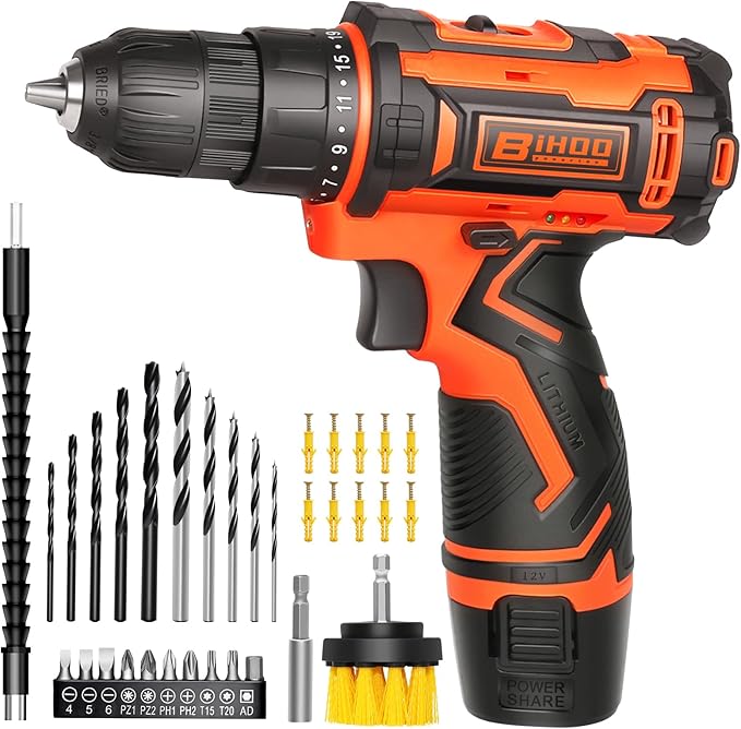BIHOO Cordless Drill Driver Set 12V,3/8"Keyless Chuck Battery Drill Kit,2 Variable Speed and 43pcs Drills Bits for Home DIY