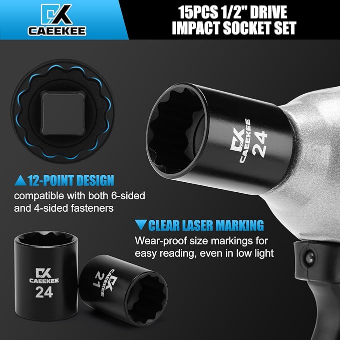 15PCS 1/2" Drive Shallow 12-Point Impact Socket Set, Metric(11mm - 32mm), Cr-V Steel, Includes Drill Socket Adapter