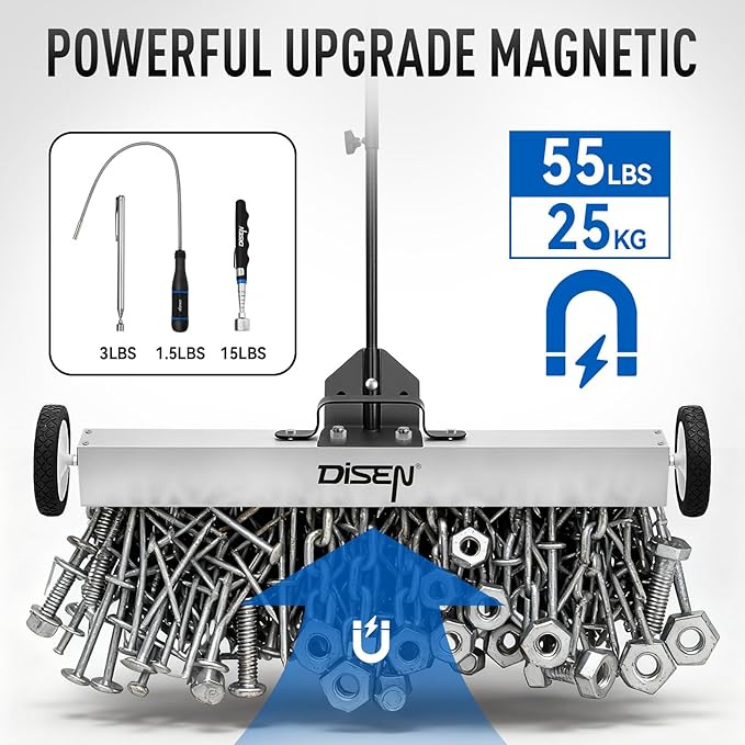 DISEN 36-Inch Rolling Magnetic Sweeper with Wheels 40-Inch Telescoping Adjustable Handle 55-Pound Capacity with 3 Pack Telescoping Magnet Pick-up Tool Set Heavy-Duty Magnet to Pick Up Nails