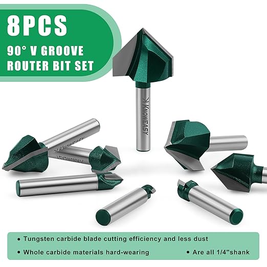 Knoweasy 8-Piece 90 Degree V-Groove Router Bit Set with 1/4-Inch Shank, Carbide Tipped 2-Flute Engraving Bits for Woodworking, Includes 1/4 to 1 Inch Cutting Diameters for Chamfering and Beveling