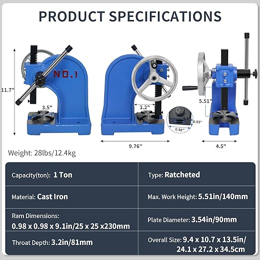 Arbor Press 1 Ton, Ratchet Leverage Press with Handwheel, 5.5"Maximum Height, Manual Desktop Punch Press for Stamping, Bending, Stretching, Forming