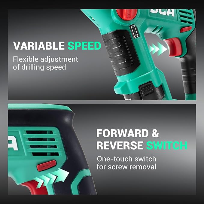 DCA 12V Cordless Drill Set SDS-Plus Hammer Drill, 1J 3-IN-1 Power Drill with Variable Speed, 2*2.0Ah Battery, 0-900 RPM/5600 BPM, with 3/8" Drill Chuck, 4 Drill Bits for Concrete, Brick, Metal, Wood