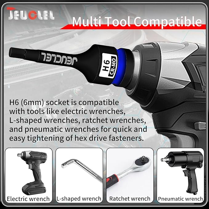 6mm Hex Impact Bit Socket, H6 1/2-Inch Impact Drive Allen Socket, Cr-Mo Steel Lengthen Hex Screwdriver Adapter for Electric Ratchet Wrenches Fastening Screws
