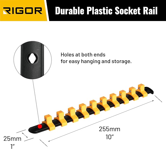 RIGOR 27015 Max-Grip Non-Slip Standard Socket Set, 11-Piece | Anti-Slip Chrome Vanadium Sockets | 1/4-Inch Drive, 6 Point, SAE | Include Durable Plastic Socket Rail.