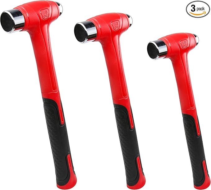 C&T 3 Piece Ball Peen Hammer, 16oz 32oz 48oz, Fiberglass Handle hammer for Ball Peen, Blow Striking Ball Pein Hammer Handle Tool with Forged Steel Construction for Metal Working