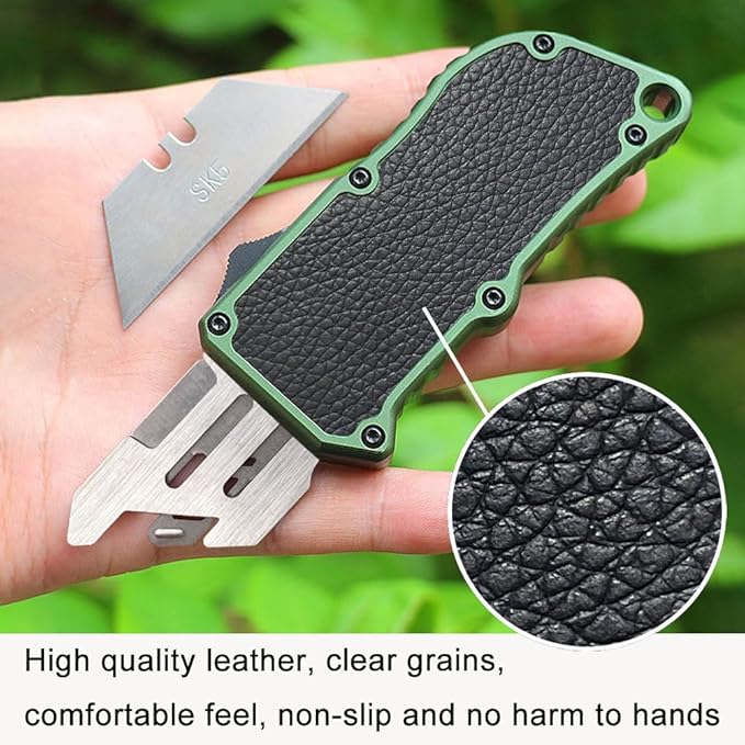 Aviation Aluminum Box Cutter Pocket Knife, EDC Auto Utility Knife Retractable, Replaceable Razor Blade Double Action Automatic Boxcutters With Clip, With 5pcs Spare Blades (Green-leahter)