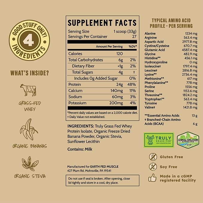 Earth Fed Muscle Go!?츭ananas Irish Grass?멑ed Whey Protein Isolate ??All Natural Banana Flavor, Zero Added Sugar, Soy?멑ree, Gluten?멑ree (2lb, 27 Servings, Banana)