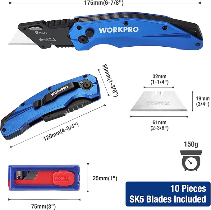 WORKPRO Folding Utility Knife, Heavy Duty Metal, Quick Open Botton Lock Box Cutter, Quick Change Blade Razor Knife, 1PC with 10 Extra SK5 Blades