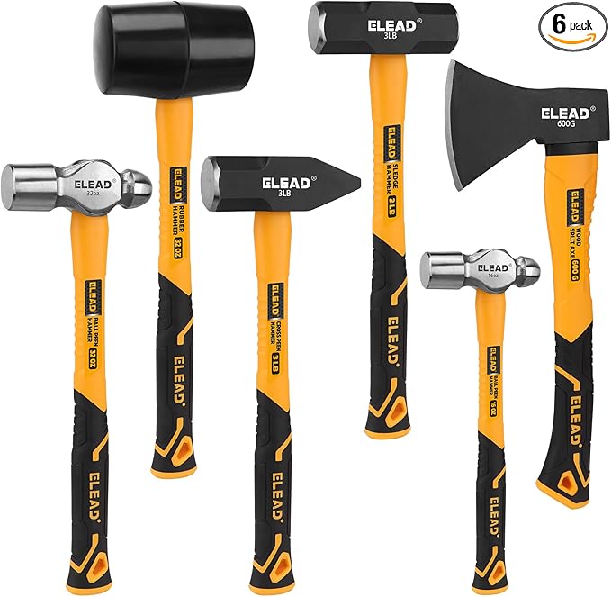 ELEAD 6-Piece Mallet Hammer Set, Fiberglass Handle Forge Steel Head, 32oz Rubber Mallet & Ball Peen Hammers, 16oz Ball Peen Hammer, 3LB Sledge & Cross Peen Hammers, 600g Wood Split Axe