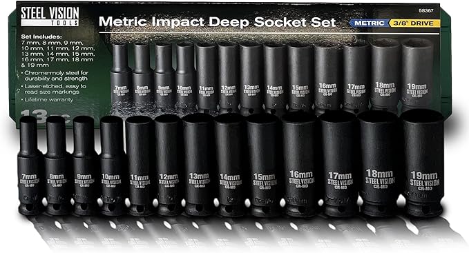 13?멠iece 3/8??Drive Metric Deep Impact Socket Set, 6?멠oint Laser?멐tched 7??9 mm, Chrome?멝oly Steel, Heavy?멏uty Storage Case