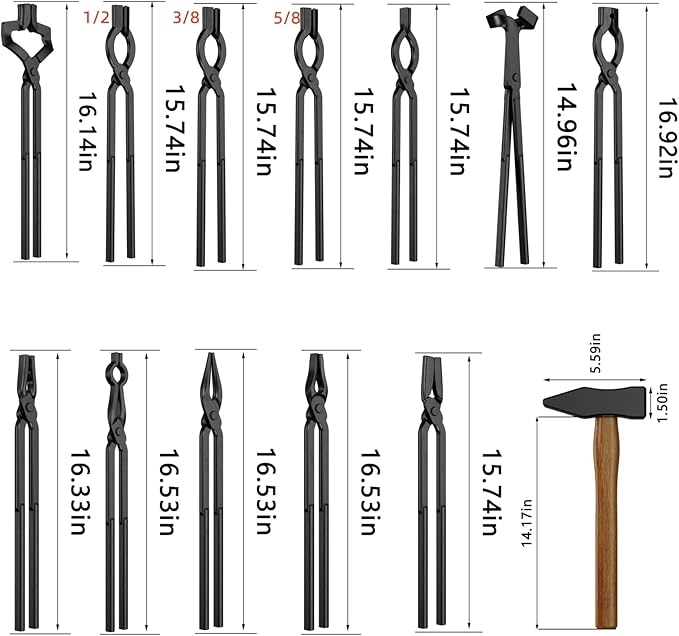 Blacksmith Tongs Set,13PCS Blacksmith Forge Kit for Beginner and Seasoned Blacksmiths, Craftsmen and Bladesmiths