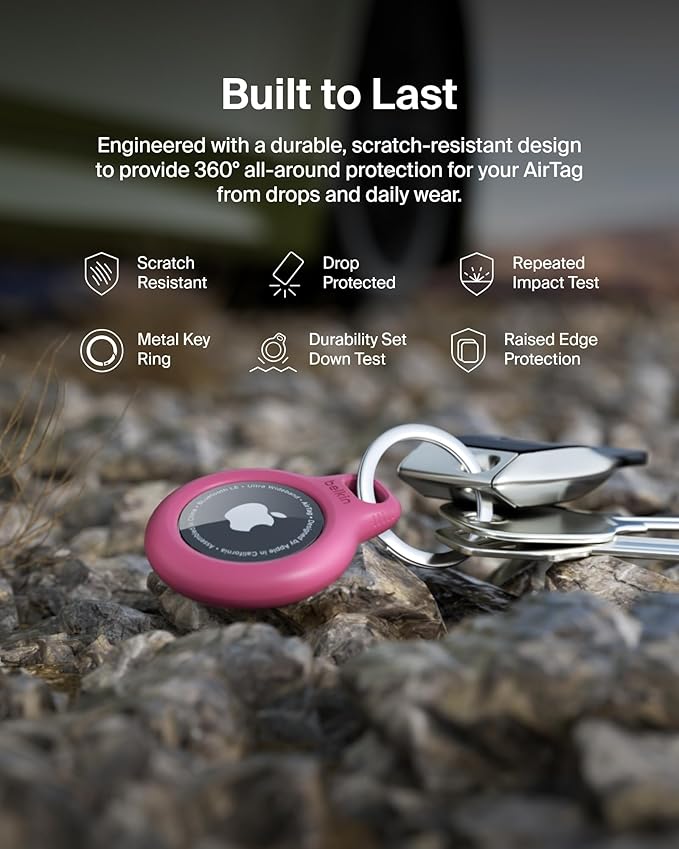 Belkin Apple AirTag Secure Holder with Key Ring - Durable, Scratch-Resistant Case with Open Face & Raised Edges - Protective AirTag Keychain Accessory for Keys, Pets, Luggage, & More - Pink