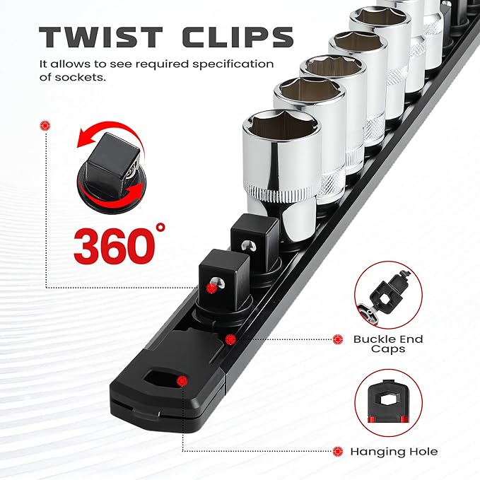 ALOANES 6-Piece Magnetic Socket Organizer, Heavy Duty Aluminum Socket Rails Organizer, 360째 Swivel Clips Socket Holder Kit for Tool Box, 1/2, 3/8, 1/4-Inch Socket Holder x 80 Clips (Black)