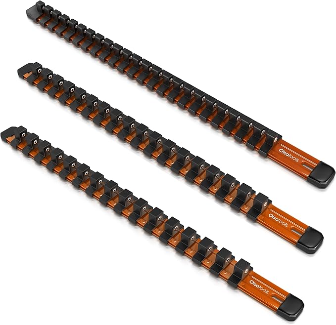 Olsa Tools Aluminum Socket Organizer, 3pc Set - Orange Socket Holder Kit 1/2-Inch, 3/8-Inch, and 1/4-Inch Drive - Holds 58 Chrome or Impact Sockets - Professional Grade Socket Rails - Part: 1106