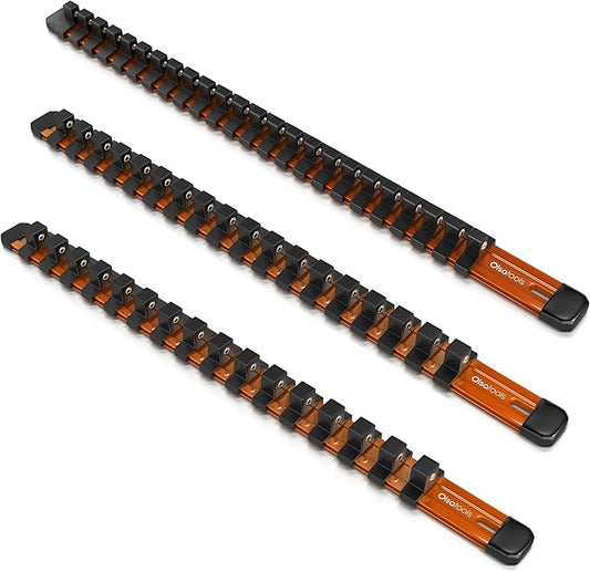 Olsa Tools Aluminum Socket Organizer, 3pc Set - Orange Socket Holder Kit 1/2-Inch, 3/8-Inch, and 1/4-Inch Drive - Holds 58 Chrome or Impact Sockets - Professional Grade Socket Rails - Part: 1106