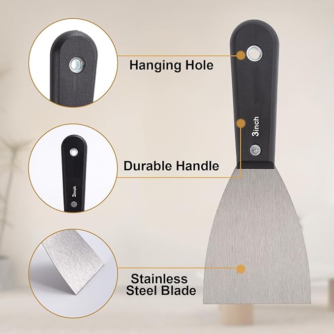 7 PCS Drywall Tools,Putty Knife,Paint Scraper Tool with Storage Bag,Stainless Steel Putty Knife Set,Drywall Scraper Spackle Taping Knife for Spreading Mud, Taping,Repairing wall (6 PCS -3")