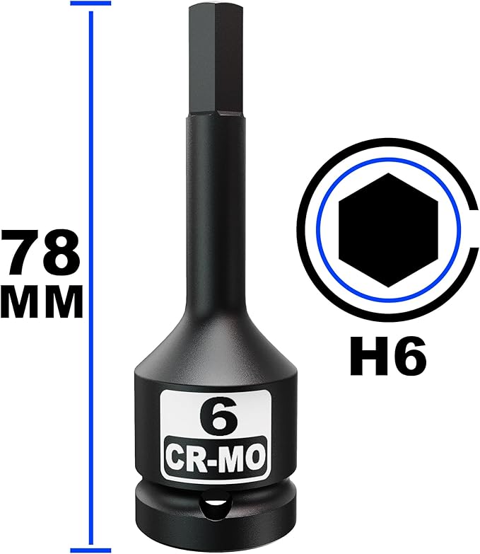 1/2" Drive 6 mm Hex Impact Bit Socket, H6 Allen Bit Socket, Metric, Cr-Mo Steel, Automotive Repair Industrial Maintenance and DIY Enthusiasts Alike