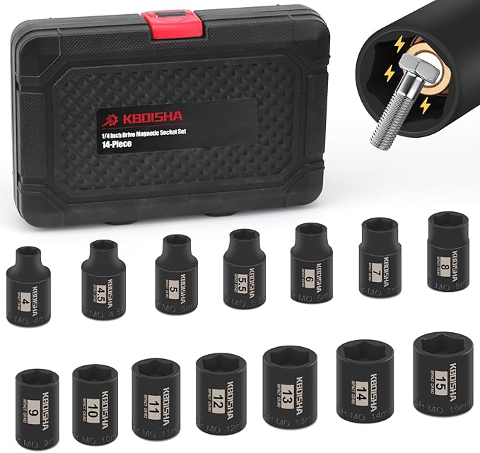 KBOISHA 1/4 Inch Drive Magnetic Impact Socket Set, 14-Piece Metric 4mm-15mm CR-MO Magnetic Socket with Heavy Duty Storage Case