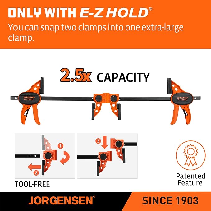 Jorgensen 6" Bar clamps for woodworking - 4-Pack, One-Hand Light Duty E-Z Hold Spreader Clamp, 150 lbs Capacity, Versatile and Easy-to-Use Design