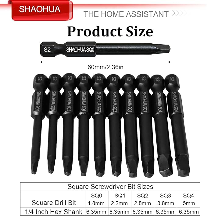 10PCS Square Drill Bit, 2.36" Magnetic Head Robertson Screwdriver, 1/4 Inch Hex Shank Square Bit Set Sizes #0,1,2,3 and #4, PREMIUM S2 Alloy Steel Robertson Driver Bits, Pocket Hole Screw Drill Bit