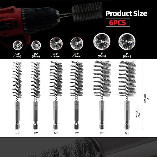 ASNOMY 6Pcs Wire Bore Brush for Drill,1/2??3/4??1??Stainless Steel Copper Pipe Cleaner Set