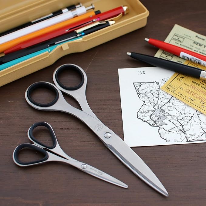 ALLEX Small Skinny Scissors for Office 5.5", All Purpose Slim & Thin Low Profile Scissors, Made in JAPAN, All Metal Sharp Japanese Stainless Steel Blade with Non-Slip Soft Ring, Black