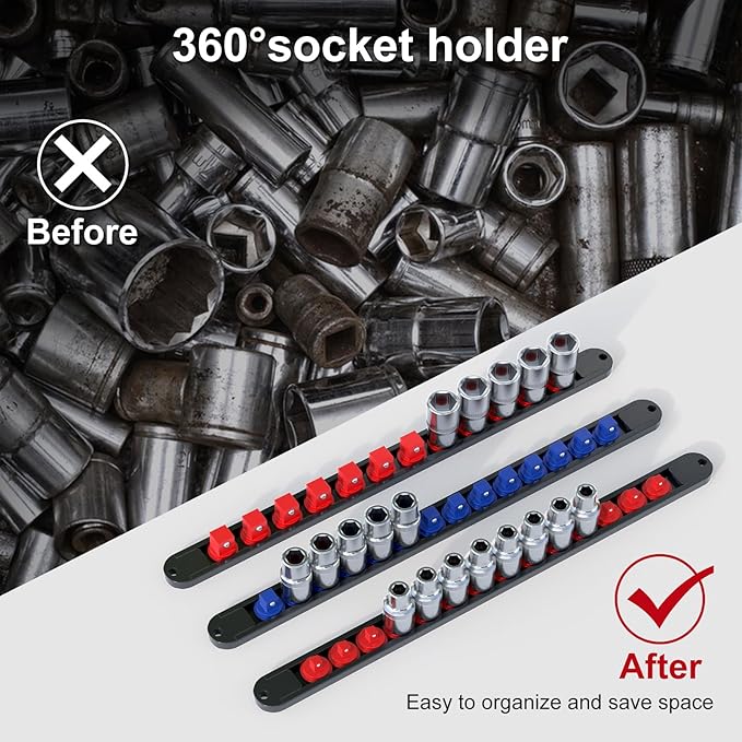 FIVEPEARS 6PCS 360째 Socket Organizer Twist Lock,3/8 1/4 1/2 Socket Storage Rails, Premium Quality Socket Holders for Tool Box 竊똖ool Carts竊똂ontains up to 80 Clips (Blue & Red)