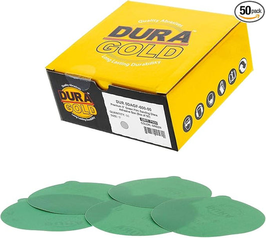 Dura-Gold Premium 5" Green Film PSA Sanding Discs - 600 Grit (Box of 50) - Film Back Self Adhesive Stickyback Sandpaper Discs for DA Sanders, Fast Cut Abrasive - Sand Automotive Paint Woodworking Wood