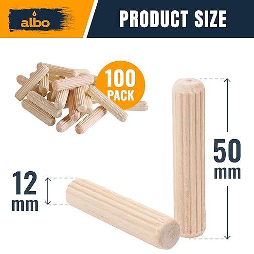 ALBO Wooden Dowel Pins 12mm x 50mm Fluted Wood Dowels Rods 100 Pack Hardwood Crafts Dowel Pegs