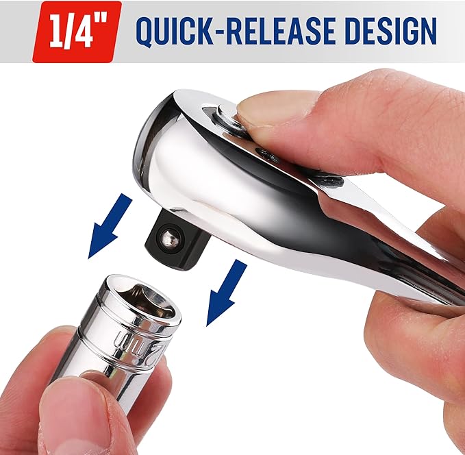WORKPRO 1/4-Inch Drive Ratchet Wrench, 72-Tooth Reversible Ratchet, Quick-Release 1/4 Drive Ratchet Handle, CR-MO Head, Chrome Plated Finish