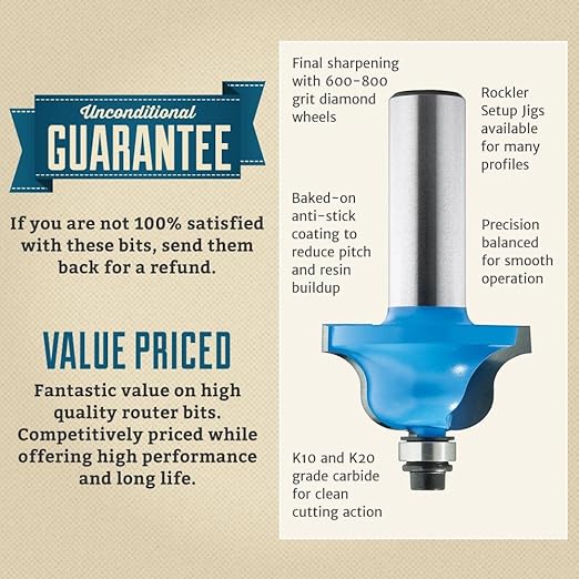 ROCKLER Shaker Rail & Stile Router Bits 1/2 Shank (Set of 2) Precision Balanced Cutter for Smooth Operation - Cabinet Door Router Bits for Stick Joints