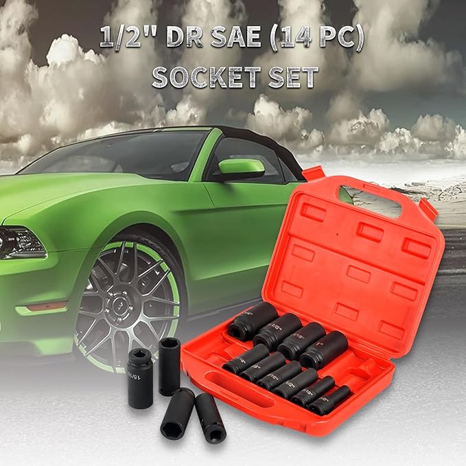 1/2" Impact Socket Set,14 Piece 6 Point Impact Set,Standard Impact Socket,SAE Sizes(3/8,7/16, 1/2, 9/16, 5/8, 11/16, 3/4, 13/16, 7/8, 15/16, 1, 1-1/16, 1-1/8, 1-1/4'') Deep Socket Set 1/2 Drive