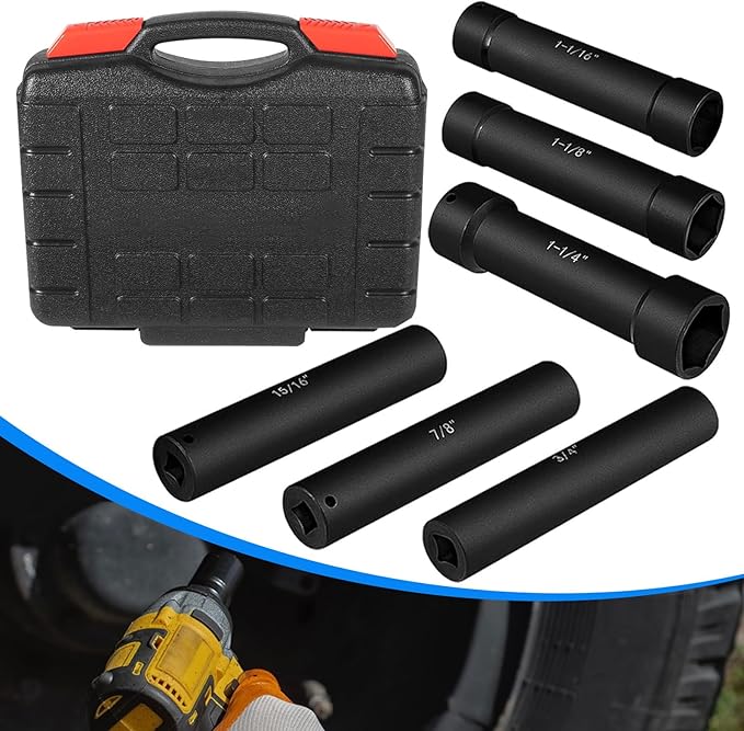 Drive Extended Length Impact Socket Set 6 Pack 1/2 Inch Drive Crank Bolt Socket Set Include Sizes 3/4", 7/8", 15/16", 1-1/16", 1-1/8", 1-1/4" for High Torque Use with Case
