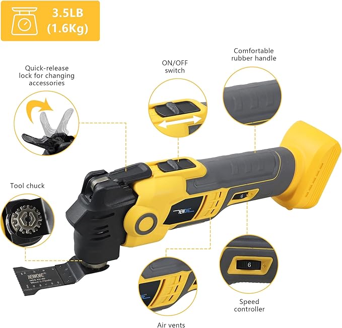 NEWONE Anti-vibration Oscillating Tool Compatible with De-Walt 20V Battery Anti-vibration Oscillating Multi-Tool Kit with 3.6째 Oscillation Angle,6 Variable Speed,16-piece Electric Multitool Blades,Box