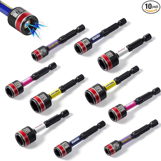 Impact Nut Driver Set, 10 Pieces 65mm Long 6mm/8mm/10mm/11mm/ 13mm 6 Point Alloy Steel Magnetic Metric Nut Setter Set Use For Installing 1/4 Hex Shank Impact Driver with Case Box