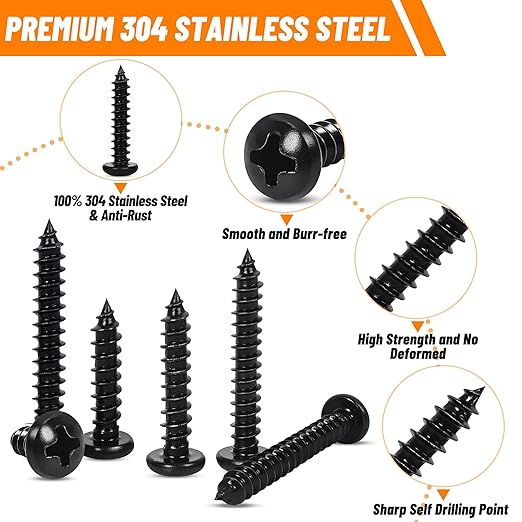 410 PSC Stainless Steel Black Screw Assortment Kit - #4#6#8#10 Phillips Pan Head, Self-Tapping for Wood & Metal