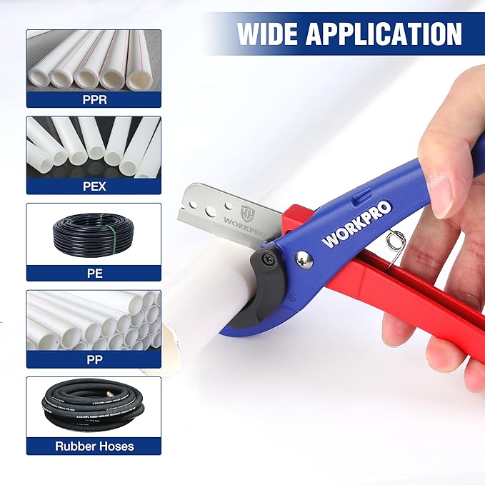 WORKPRO PEX Cutter, Hose Cutter with 1/8"-1-5/8" Cutting Capacity, specific angle(30째, 45째) for cutting rectangular cord cover, Tubing Cutter for PPR, PE, PP, Suitable for Home and Plumbing Repairs