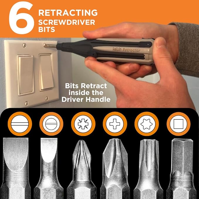 Kelvin Tools Retractor - Retractable All-In-One Screwdriver Quick Change Phillips Head and Flat Head, Upgraded Retract-A-Bit Screwdriver, Durable & Lightweight - MADE in NORTH AMERICA