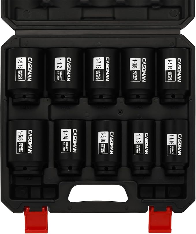 CASOMAN 10PCS 1/2" Drive Deep Spindle Axle Nut Impact Socket Set, 6-Point, Large Socket Set, SAE (1-1/16" to 1-5/8"), CR-MO