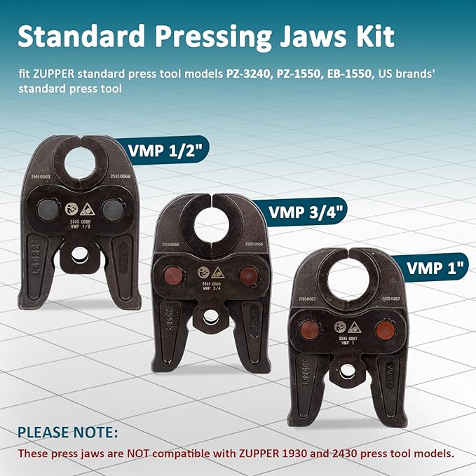 ZUPPER 3PCS MegaPress Jaws Kit with 1/2" to 1" for Carbon Steel Pipes Compatible with Standard Press Tools Hydraulic Pressing Tools