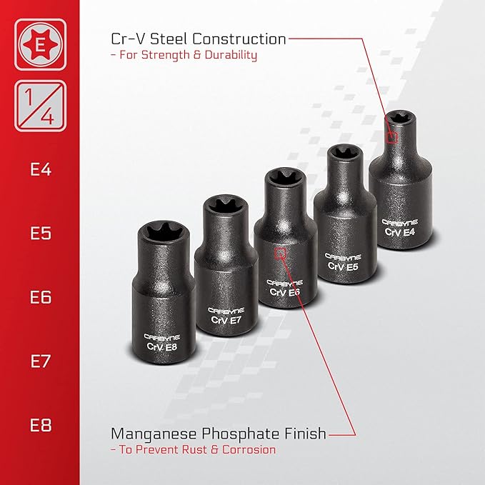 CARBYNE 13-Piece External Torx (eTorx, Female Torx) Socket Set, E4 to E24 | Chrome Vanadium Steel, 1/4, 3/8 & 1/2 inch Drive ??From a Family-Run Tool Company Based in the U.S.A.